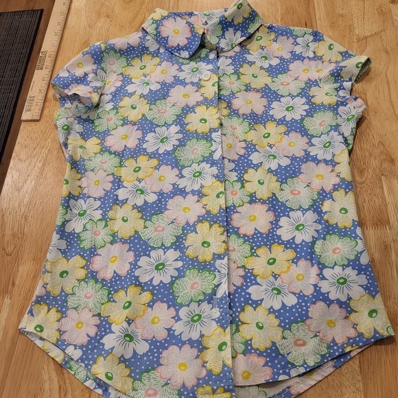 Vintage floral blue background Peter Pan collar button front top - Picture 1 of 7